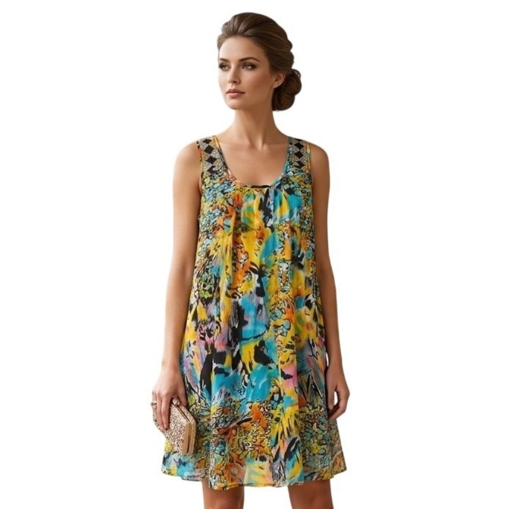 ALBERTO MAKALI Beaded Shoulder Abstract Shift Dress Silk-Feel Medium NWT $250